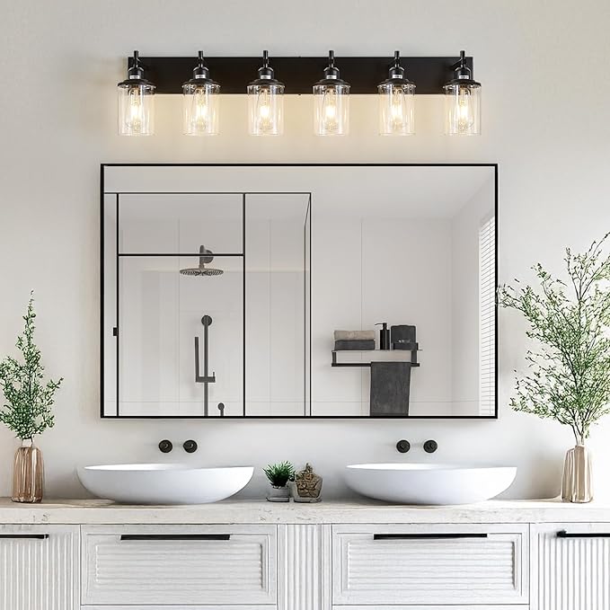 Lanhall 6-Light Black Bathroom Light Fixture Over Mirror Modern Farmhouse Bathroom Vanity Light Vintage Wall Lighting with Clear Glass Shade for Bathroom, Bedroom, Hallway, Cabinet