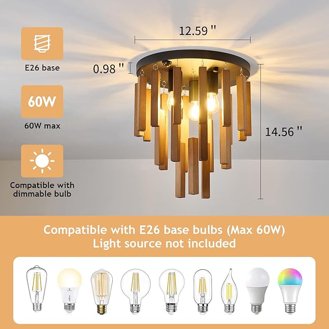 Motion Sensor Semi Flush Mount Ceiling Lights Boho Wood Light Fixture 3-Light Farmhouse Chandelier Oak and Black Ceiling Lighting with E26 for Kitchen Living Room Entryway Bedroom Dining Room
