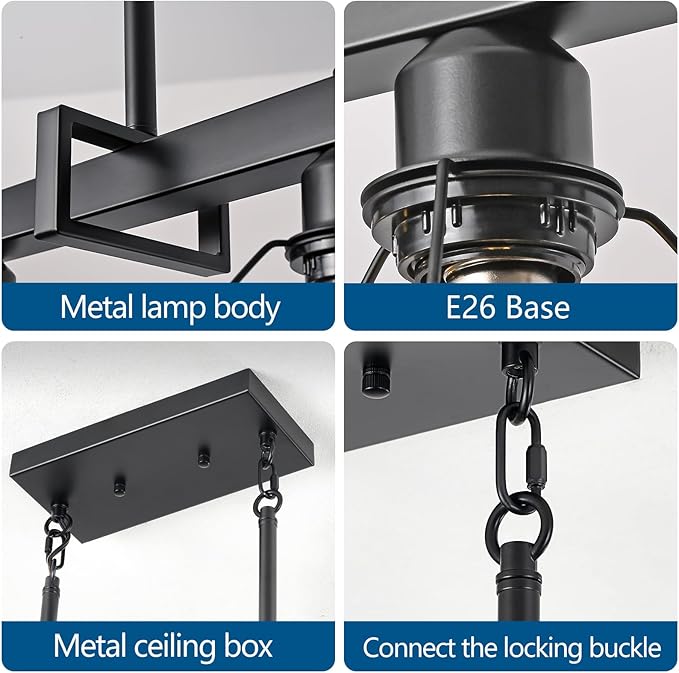 5-Light Modern Farmhouse Island Lighting, Adjustable Height Black Rustic Chandelier with Matte Black Geometric Shade, E26 Base Hanging Light for Dining Room Over Table