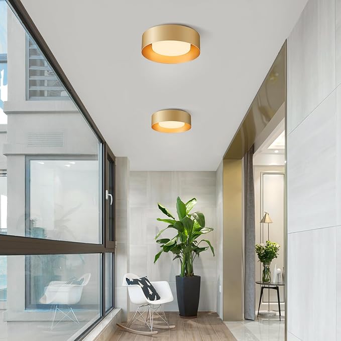 Glass Gold Flush Mount Ceiling Lights, Modern Round Ceiling Lighting, Minimalist Drum Close to Ceiling Light Fixtures for Bedroom, Dining Room, Bathroom, Hallways, Laundry Room