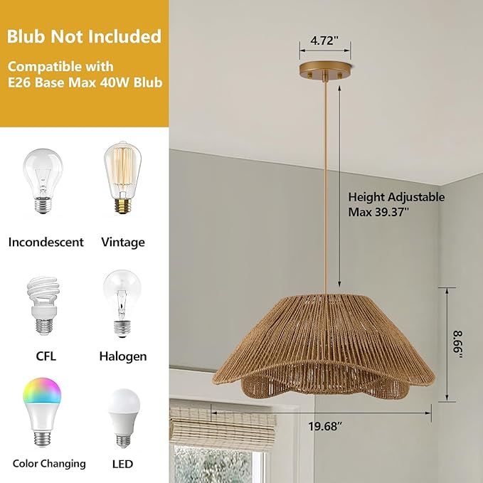 19.68" Large Gold Rattan Pendant Light, 3-Light Farmhouse Chandeliers for Dining Room, Woven Wicker Flush Mount Hanging Light, Adjustable Boho Pendant Lighting for Kitchen Island Bedroom