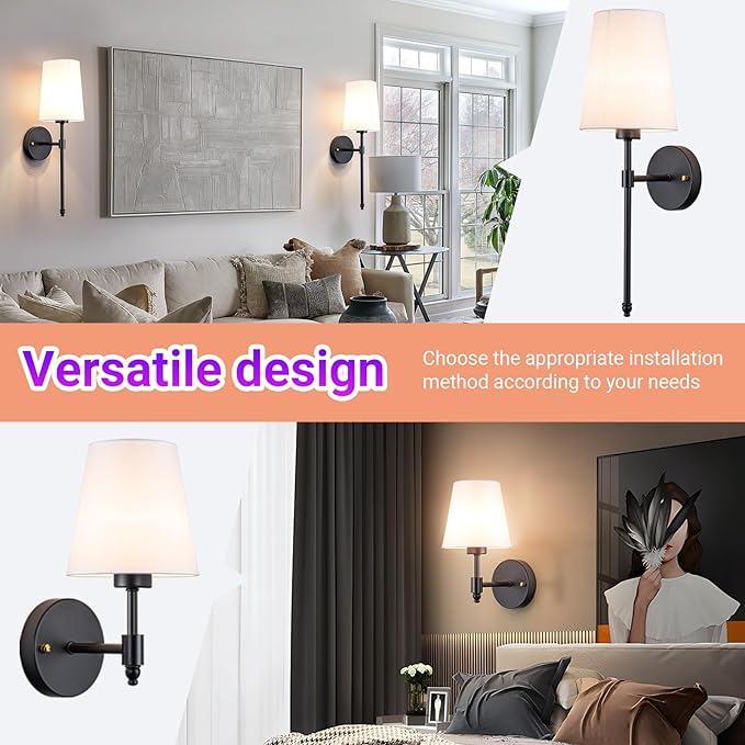 YHCDLAMP Battery Operated Wall Sconce Light with Remote Control, Dimmable Wall Sconce Set of 2 with White Fabric Shade, Wireless Battery Operated Wall Lamp for Bedroom Living Room, Bulb Included