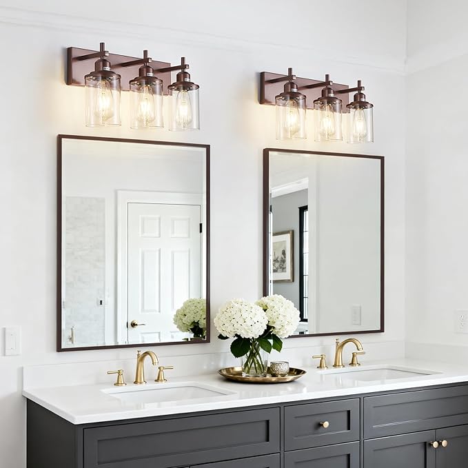 Lanhall 3-Light Bronze Bathroom Light Fixtures Over Mirror,Modern Bathroom Vanity Light with Clear Glass Shade, Wall Sconce for Bathroom Hallway Cabinet Bedroom Kitchen Living Room Foyer E26 Base