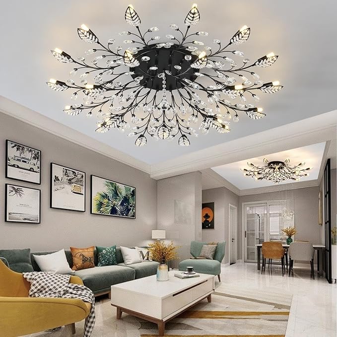 Small Crystal Chandelier Modern Semi Flush Mount Ceiling Light Fixture Black Leaves Chandeliers Lighting for Bedroom Living Room Dining Room Kitchen Hallway Foyer