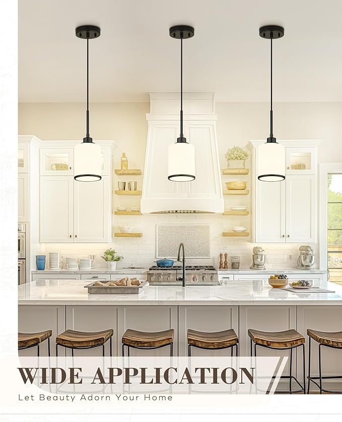 Beionxii Pendant Lights Kitchen Island, Modern Kitchen Pendant Lighting Over Island with Milk Glass, Matte Black Pendant Light Fixtures for Sink, Dining Room, Entryway, BX-PL02MB