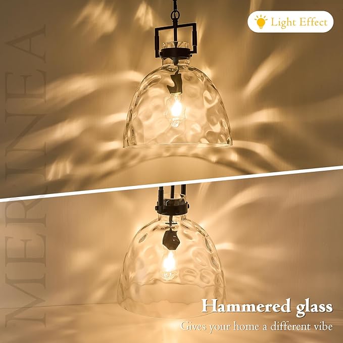 Glass Pendant Light, 13.8 Inch Single Hanging Ceiling Light with Adjustable Chain, E26 Base Oversized Hammered Clear Glass Kitchen Island Pendant Lighting in Matte Black for Dining Room, Entryway