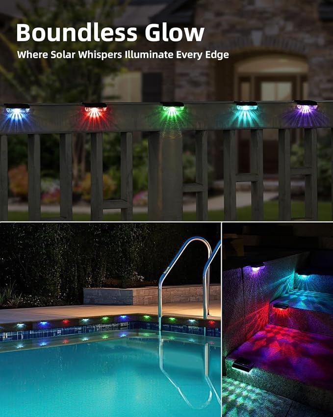Herzila 12 Pack Solar Deck Lights Outdoor Color Changing Led Solar Fence Lights Step Waterproof for Stairs, Step, Fence, Yard, Patio, Balcony and Pool