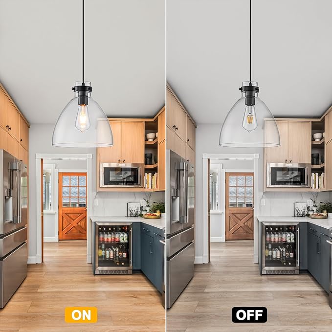 WILON Pendant Lights, Pendant Lights Kitchen Island, 1-Pack Black Farmhouse Pendant Light Fixtures with 9.8" Round Glass Shade for Dining Room Over Table Sink Bar Foyer