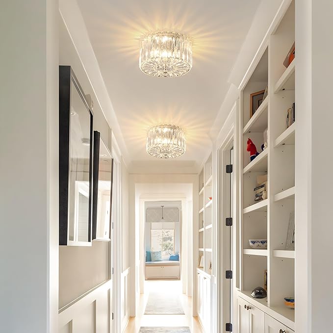 Crystal Ceiling Light, Modern Semi Flush Mount Ceiling Lighting Fixture, 8.89" Round Hallway Lighting Fixtures for Kitchen Entryway Laundry Room, 2-Light, Chrome, XDD007-1-CH