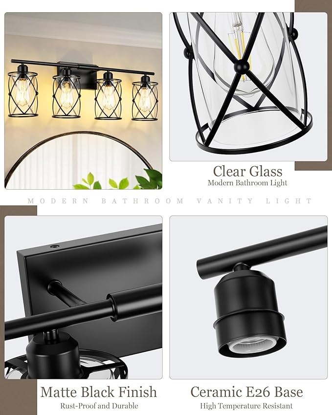 4-Light Black Bathroom Light Fixtures, 29 Inch Modern Bathroom Vanity Lighting Fixtures Over Mirror with Clear Glass and Metal Cage Wall Sconce Lights for Bath, E26, CH9176BK-4W