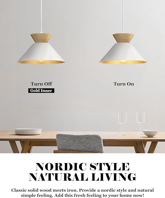 ELYONA 3 Pack Modern Pendant Light Fixtures Solid Wood Ceiling Hanging Lamp Matte White Metal & Gold Inner Finish Nordic Pendant Light for Farmhouse Kitchen Island Dining Room Bedroom Living Room