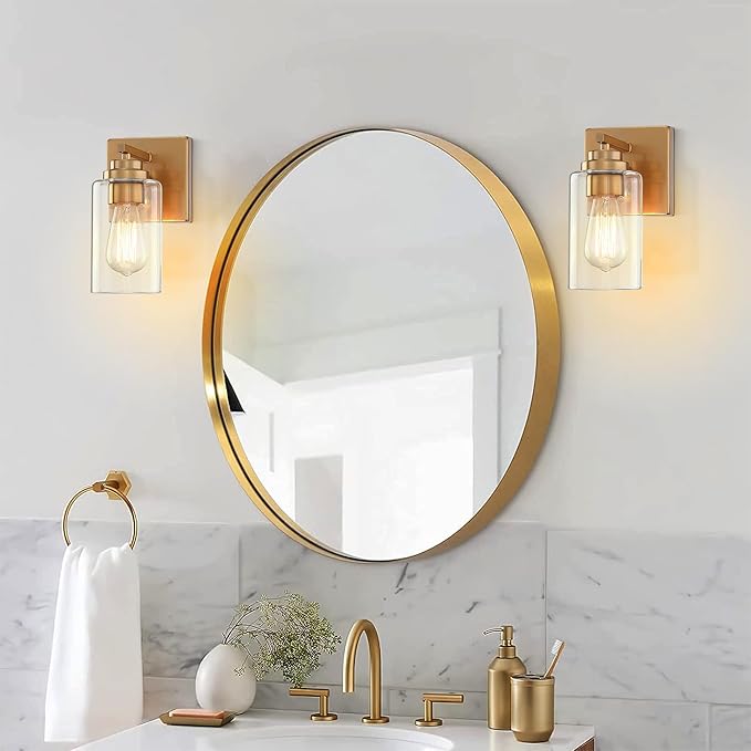 Pia Ricco Wall Sconces Set of 2, Bedside Wall Lamps with Rotary Switch for Bedroom, Modern Bathroom Light Fixtures with Clear Glass Shade, Gold Sconces Wall Lights for Living Room, Hallway, Kitchen