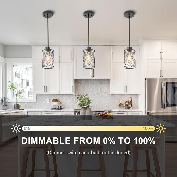 Refice Glass Pendant Lights Kitchen Island, Black Kitchen Hanging Light with Clear Glass, Farmhouse Cage Mini Pendant Lighting for Sink Dining Room Bedroom Bar, 1 Pack