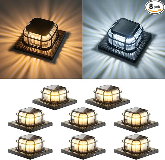 Solar Post Light 8 Packs with 4x4, 5x5 and 6x6 Inches Base for Vinyl/Wooden Posts, Bright 16 LEDs Solar Cap Lights with Two Light Modes for Decorating Deck, Patio, Porch, Fence (Black)