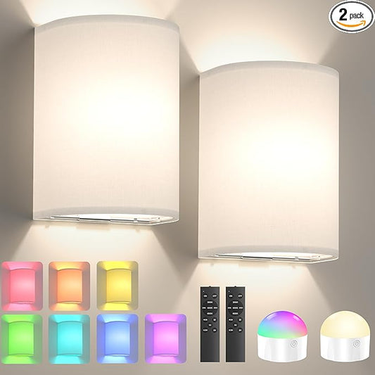 Battery Operated Wall Sconce Set of Two: 10000mAh Wireless Wall Light with Rechargeable Magnetic Bulb - Dimmable Wall Lamp with 7 RGB Colors - Linen Shade Sconces with Remote for Bedroom Living Room
