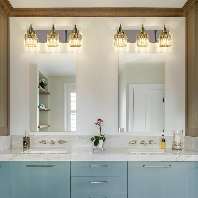 Crystal Bathroom Vanity Light Gold Chrome 3-Light Modern Bathroom Lighting Fixtures Over Mirror Square Wall Sconce