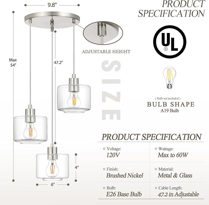 Brushed Nickel Dining Room Chandelier Light Fixture, 3-Light Pendant Lighting with Clear Glass, Modern Kitchen Island Cluster Hanging Pendant Lights for Kitchen Dining Room, OS-YQ8153-3BNC