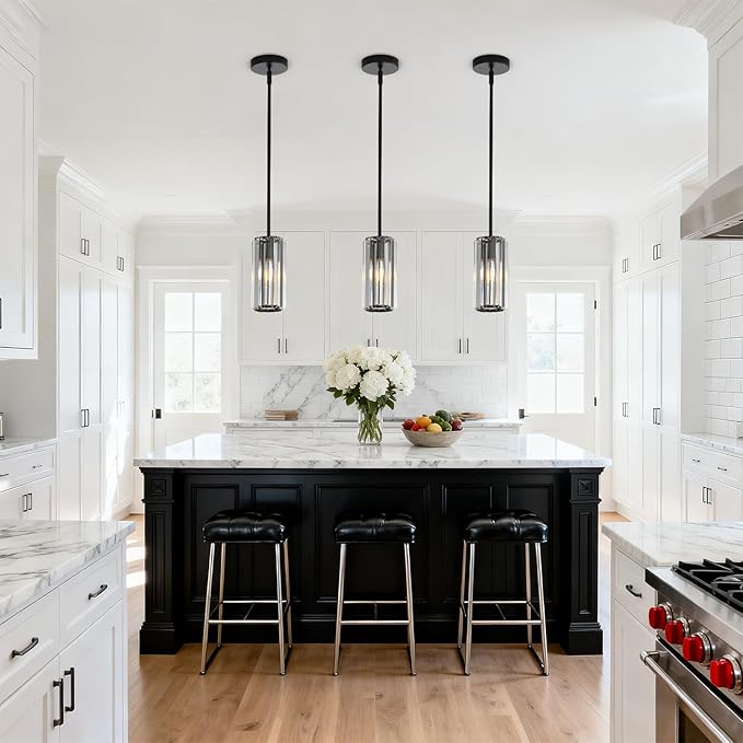 Black Modern Pendant Light for Kitchen Island, 1-Light Mini Crystal Chandelier with E26 Base, Small Hanging Luxury Fixture for Dining Room, Bedroom, Foyer and Hallway