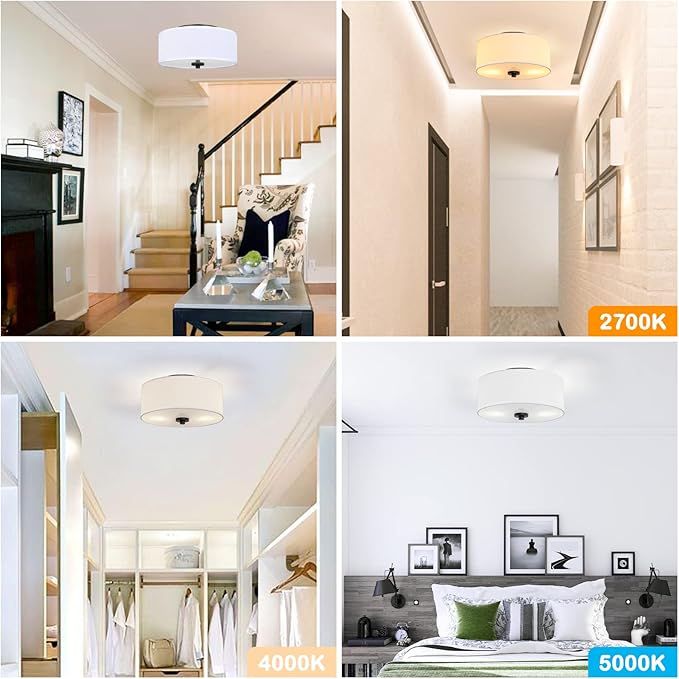 2-Light Flush Mount Ceiling Light Fixture, 12” Modern Close to Ceiling Light with White Fabric Drum Shade, Round Ceiling Light for Bedroom Hallway Living Room Bathroom Dining Kitchen