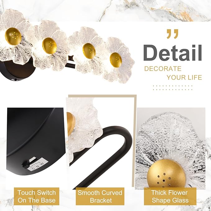 26.7" Black Bathroom Light Fixtures 5 Light Floral Bathroom Vanity Light, 3-Color Temperature Vanity Light Elegant Led Wall Lights Cordless Wall Sconces for Decor,Restroom,Livingroom,Bedroom