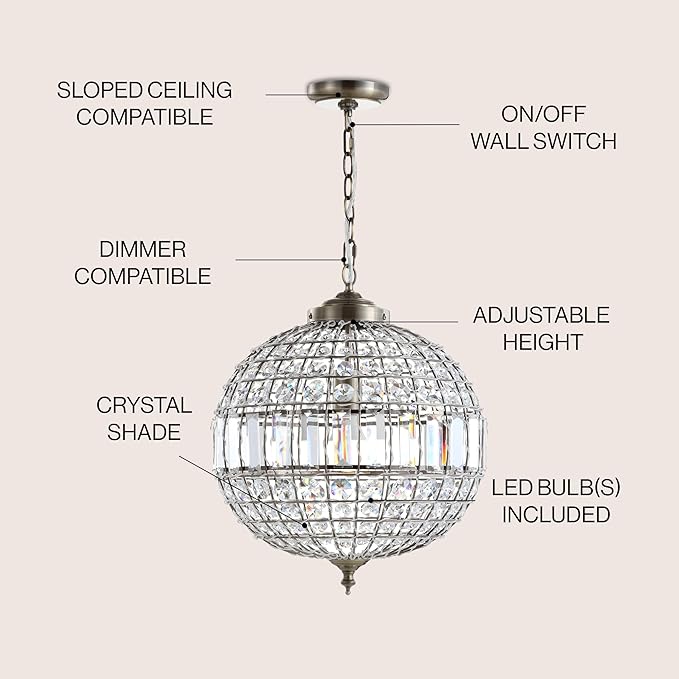 JONATHAN Y 16" Antique Brass/Clear Modern Crystal LED Pendant Light for Kitchen, Clear Crystal Shade, Glam Globe Chandelier Hanging Ceiling Lamp for Dining Room Entryway (JYL6110B)