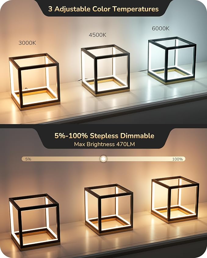 EDISHINE Modern LED Table Lamp, Minimalist Bedside Lamp with Solid Wood Base, 3 Way Dimmable, 3000K/4500K/6000K, 470LM, Black Gold Square Geometric Nightstand Lamp for Living Room, Bedroom, Office