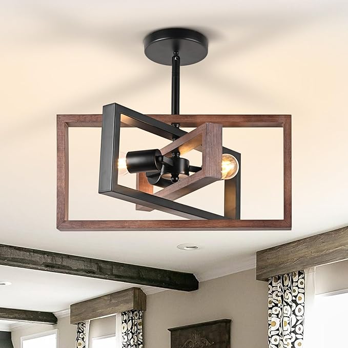HuisMier Farmhouse 3-Light Flush Mount Ceiling Light Fixture Rustic Metal and Wood Chandelier Retro Close to Ceiling Lighting for Kitchen Entryway Hallway Bedroom Dining Room Living Room Foyer