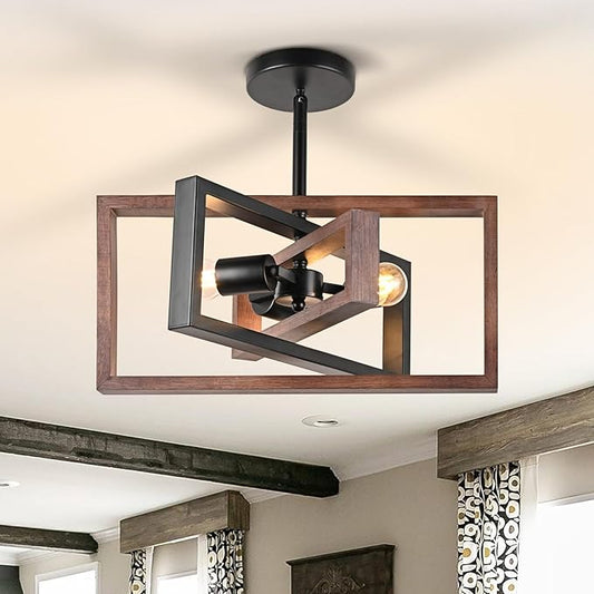 HuisMier Farmhouse 3-Light Flush Mount Ceiling Light Fixture Rustic Metal and Wood Chandelier Retro Close to Ceiling Lighting for Kitchen Entryway Hallway Bedroom Dining Room Living Room Foyer