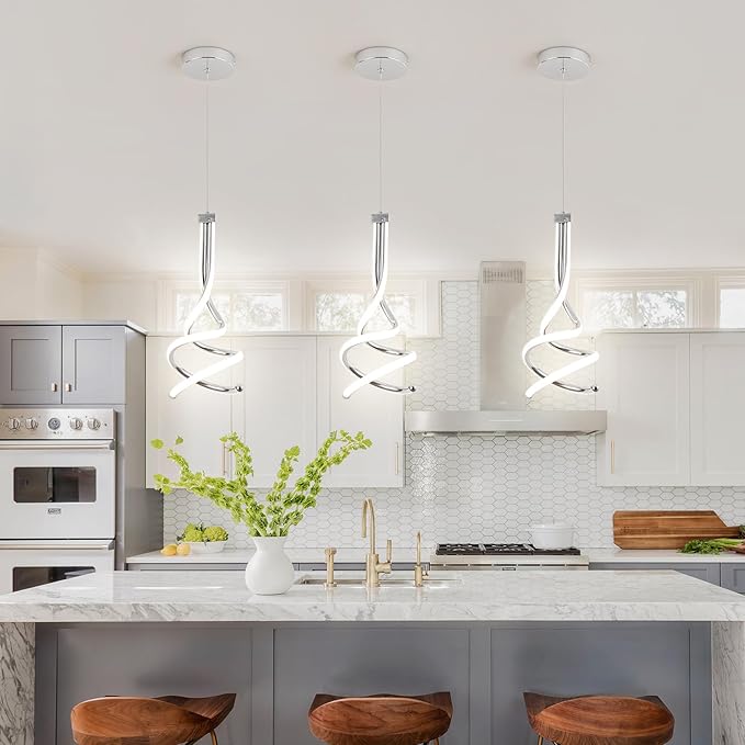 EIDISUNY Modern Pendant Light, Spiral LED Pendant Light Fixture, 4500K LED Hanging Lamp, Chrome Chandelier Lights Fixture, 20W Adjustable Pendant Light for Kitchen Island, Dining Room, Bedroom,1 Pack