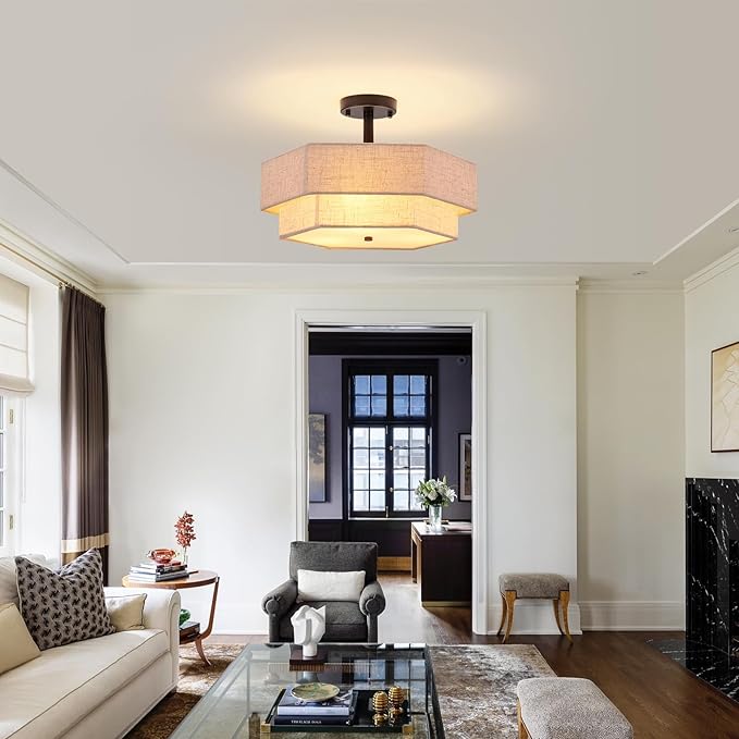 SGLfarmty 17.7" Drum Flush Mount Ceiling Light, 3-Light Large Drum Black Cream Ceiling Light with 2-Tier Hexagon Fabric Linen, Farmhouse Chandelier for Bedroom
