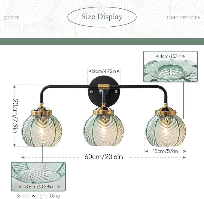 3 Light Bathroom Vanity Light Fixture, Modern Glass Globe Wall Sconce with Ribbed Green Shade, Vintage Wall Lamp for Over Mirror, Bedroom, Hallway, Living Room, 23.6x7.9 inches
