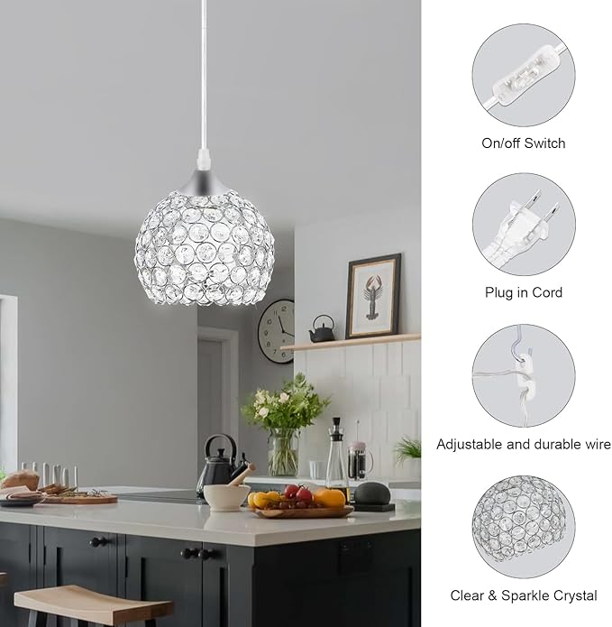 TISLYCO Plug-in Crystal Chandelier Lighting with Long Cord 13.12ft and On/Off Switch, Hanging Pendant Lights with Plug in Cord for Kitchen Island Bedroom Dining Room