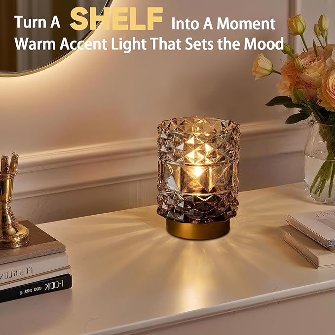 MJ PREMIER Battery Operated Lamp with Timer, Cordless Table Lamps for Shelf Decor, Rhombus Texture Aesthetic Crystal Lamp, Small Decorative Lamps for Bedroom/Bathroom/Kitchen/Entryway/Dorm (Grey)