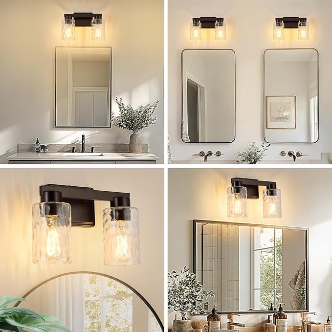 2-Light Bathroom Light Fixtures Modern Oil Rubbed Bronze Vanity Lights with Water Ripple Glass Wall Sconces Over Mirror for Bathroom, Powder Room, Living Room