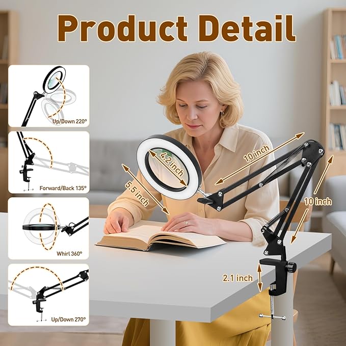 KIRKAS 10X LED Magnifying Lamp with Clamp, Real Glass Lens, 3 Color Modes and Stepless Dimmable Magnifier Desk Lamp,Adjustable Swivel Arm Lighted Magnifying Glass for Repair Craft Close Work-Black