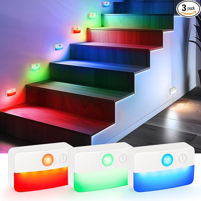 Guankai 3 Pack Motion Sensor Stair Lights for Indoor, Wireless RGB Battery Operated Night Light, Led Stick On Hallway Closet Under Cabinet Step Portable Lamp for Bedroom Kitchen Bathroom