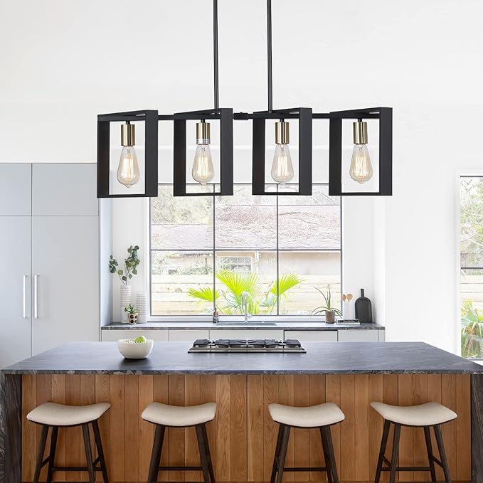 9MMML 4 Lights Wood Chandelier,Industrial Rectangle Linear Dining Room Pendant Light, Black Wood Frame+Gold E26 Socket,Kitchen Island Light for Hallway Bar Pool Table, Height Adjustable