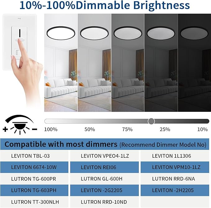 Modern 20'' Led Ceiling Light Fixture, Ultra Thin Flush Mount, Dimmable & 3000K/4500K/6000K Selectable, 40W 4000LM, Black, for Bedroom, Kitchen, Dining Room, Living Room, Home Office, Hallway