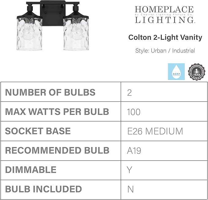 HomePlace Lighting 128821MB-451 Colton Mid-Century Clear Water Glass Bathroom Vanity Wall Light, 2-Light 200 Total Watts, 10" H x 13" W, Matte Black