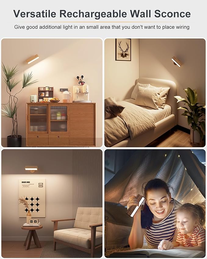 DetarZinLED Battery Operated Wall Sconces Set of 2,Rechargeable Wall Lights Wood,Stick On Wall Lights for Bedroom,Wall Mounted Bedside Reading Lamps Dimmable,Battery Powered Wall Lamp for Bedroom