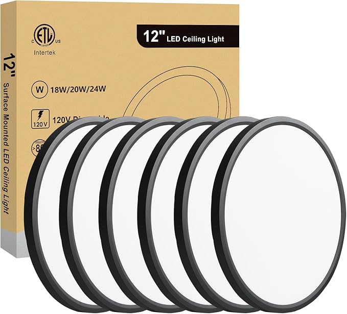 12Inch Flush Mount Ceiling Light, Dimmable 24W 5CCT Selectable, 0.67 Inch Slim Round Surface Mount LED Light Fixture for Laundry, Bedroom, 12 Inch 6Pack Black