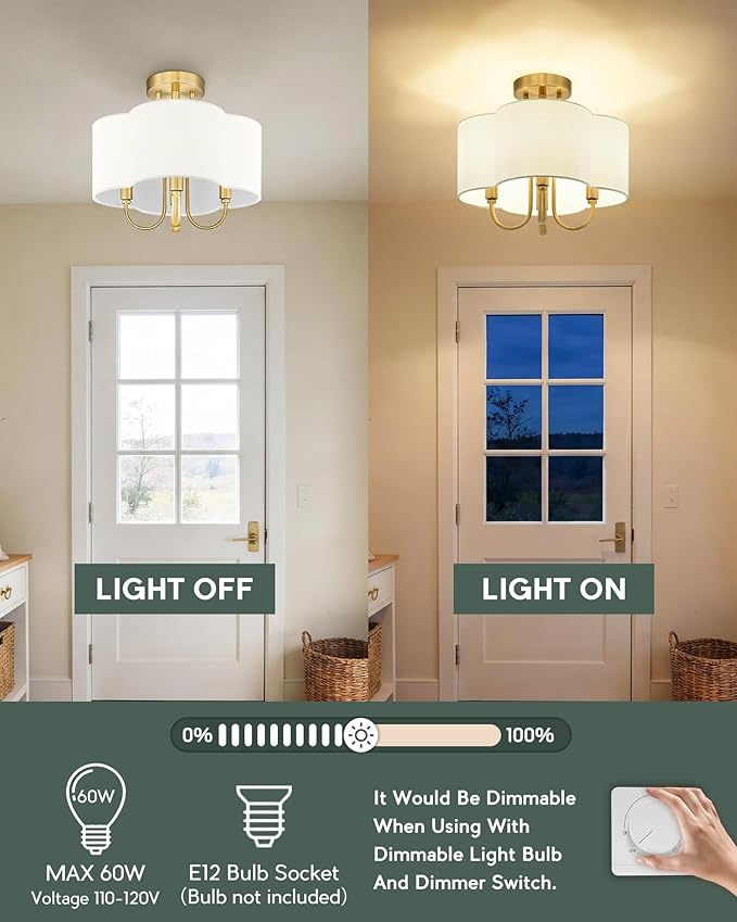 Gold Semi Flush Mount Ceiling Light, 13.5" 4-Light Light Fixtures Ceiling Mount with Beige Fabric Shade in Quatrefoil for Kitchen Nursery Entryway Hallway Bedroom, E12 Base, SM179-BG-B