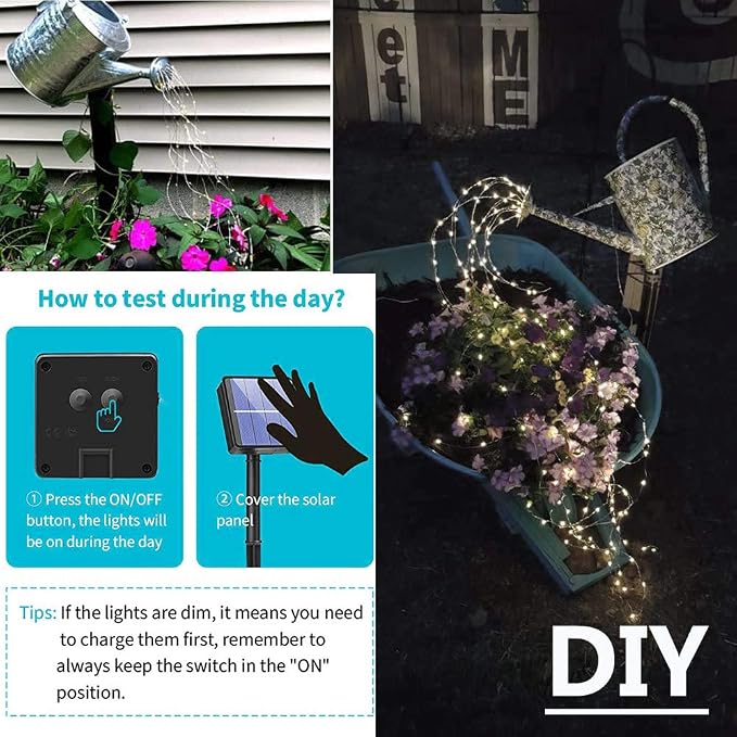 Solar Fairy Lights Outdoor White, Multi Strand 180 LEDs Watering Can String Light, Waterproof Solar Powered Waterfall Lights, Cool White Firefly Bunch Lights