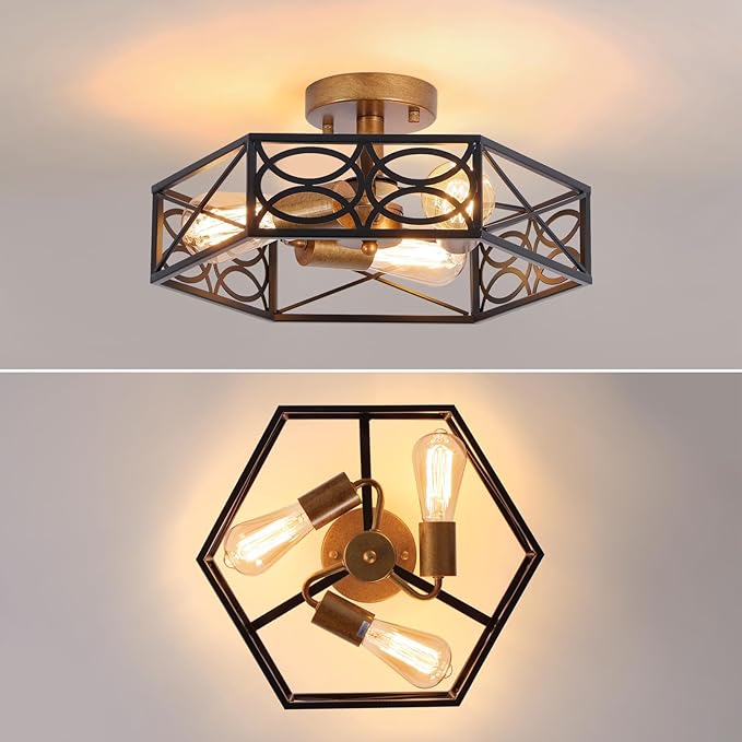 Industrial Semi Flush Mount Ceiling Light Fixture, Retro Gold Close to Ceiling Light with Black Metal Hexagon Cage, Vintage Farmhouse 3-Light Ceiling Lamp for Kitchen, Hallway, Bathroom