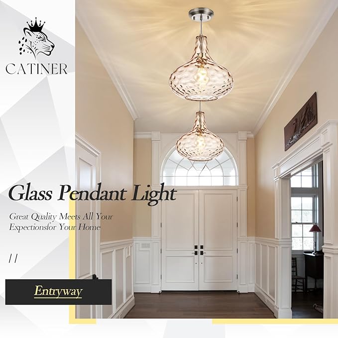 CATINER 11" Amber Hammered Glass Pendant Light, Blown Glass Hanging Light Fixture with Brushed Nickel Finish, Vintage Modern Ceiling Light for Kitchen Island, Dining Room, Hallway, Living Room