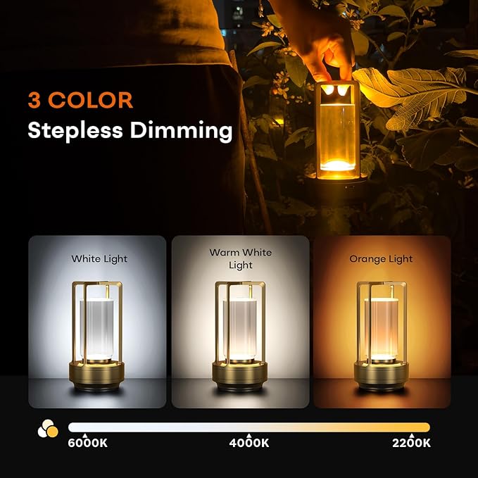 Portable Table Lamp for Indoor/Outdoor, Rechargeable Cordless Desk Lamp with Touch Sensor, 3 Way Dimmable Suitable for Bars/Cafes/Restaurants/Bedrooms/Camping Sites (Gold)