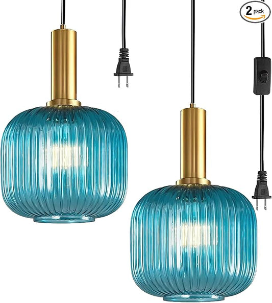 2 Pack Blue Hanging Lamp Plug in Ceiling Light with Cord Modern Coastal Pendant Lighting Fixture Striped Glass Hanging Pendant Lights for Living Room Bedroom Beach House Kitchen Gold