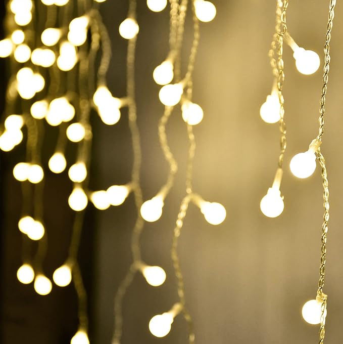YOLIGHT Fairy Curtain Lights, USB/Battery Powered Ball Icicle Light 13ft 96 LED Globe String Hanging Lights for Bedroom Dorm Wedding Party Christmas Decoration (Warm White)