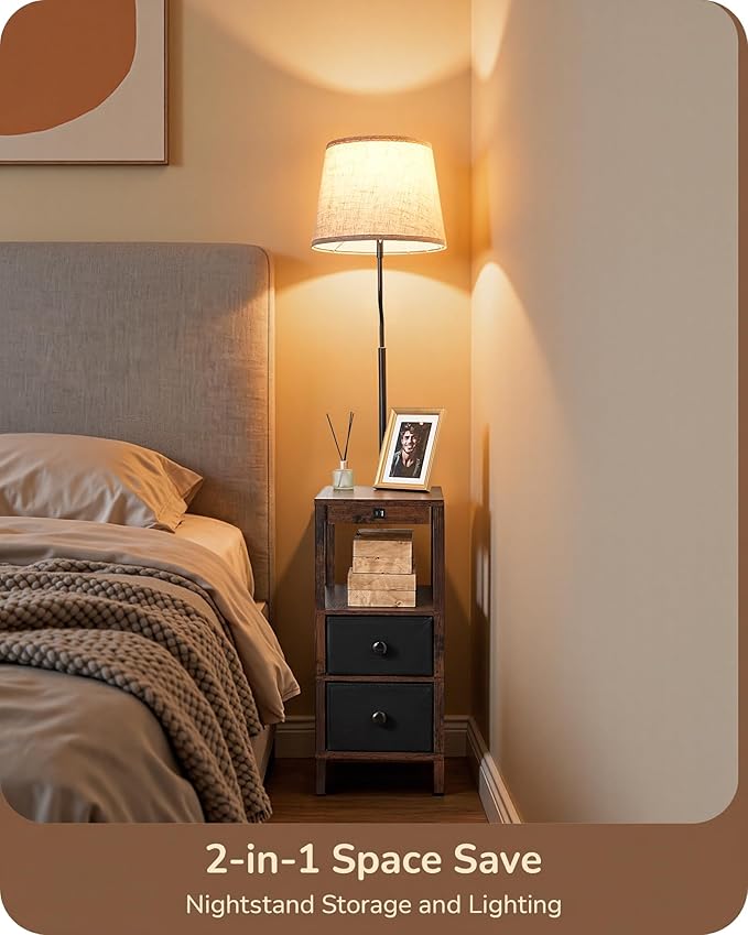 EDISHINE Floor Lamps for Living Room, 3000K-6500K Dimmable Floor Lamp with Table, USB-A+Type-C Charging Port, Table with Lamp Attached for Bedroom, Den, Office, Kids Room, Fire-Burned Wood Color