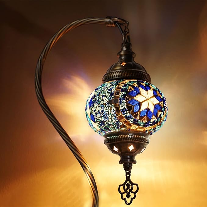 Turkish Mosaic Lamp, Blue Handmade Moroccon Lamp, Decorative Glass Antique Bohemian Vintage Colorful, Swan Neck Bedside Table Desk Lamp, (LED Bulb Included)